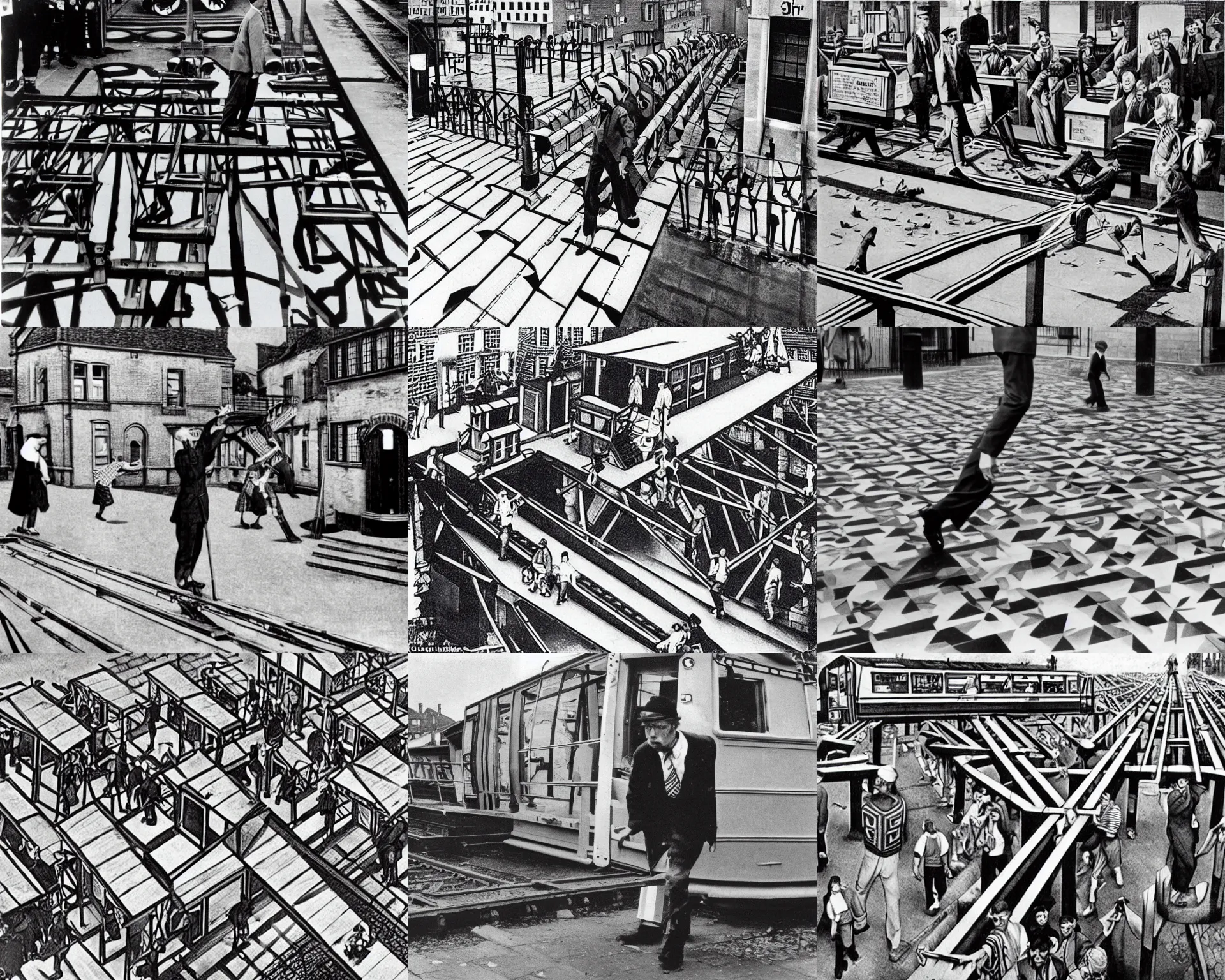 Prompt: MC Escher stepping into one of his level crossing prints