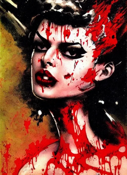 Image similar to portrait of bald iranian vampiress, strong line, saturated color, beautiful! coherent! by frank frazetta, high contrast, blood splatter background