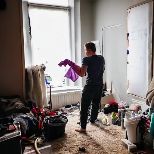 Prompt: photo of jordan peterson cleaning his messy room, 55mm photography, f/1.3