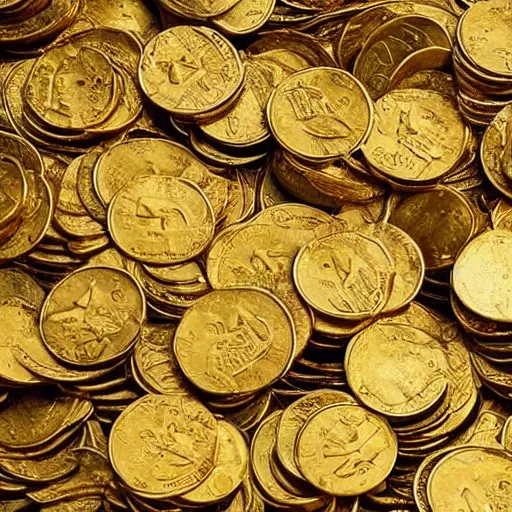 Image similar to millions of gold coins in a pile on top of a faraway hill