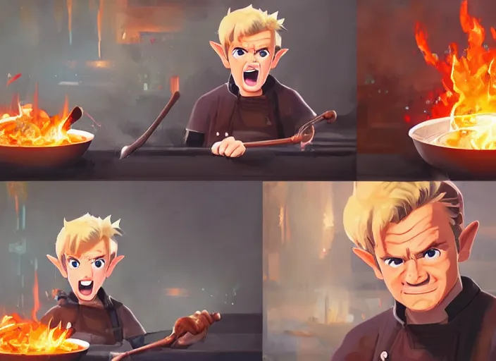 Prompt: gordon ramsey yelling screaming, at link with a shocked crying expression from zelda for cooking burnt food in the style of breath of the wild, artstation, krenz cushart, makoto shinkai