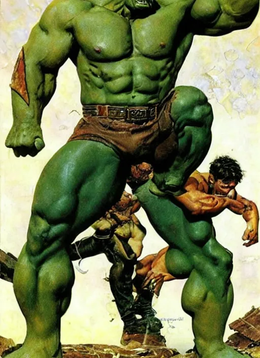 Image similar to full body and head portrait of huge mutant iranian hulk in tattered leather armour, dynamic action, painted by norman rockwell and phil hale and greg staples and tom lovell and frank schoonover and jack kirby