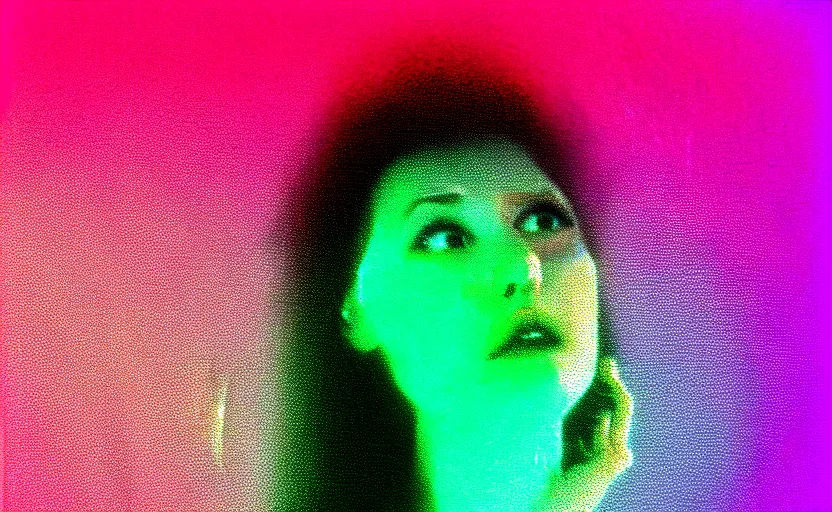 Prompt: vhs glitch art portrait of a happy woman hidden underneath a sheet, foggy environment, static colorful noise glitch olumetric light, by bekinski, unsettling moody vibe, vcr tape, 1 9 8 0 s analog video, vaporwave aesthetic, directed by david lynch, colorful static, datamosh, pixeled stretching