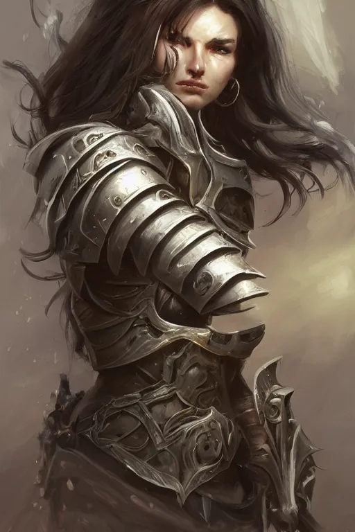 Image similar to a finely detailed portrait of an attractive woman clothed in battle armor, olive skin, long dark hair, beautiful bone structure, symmetrical facial features, intricate, elegant, digital painting, trending on Artstation, concept art, smooth, sharp focus, illustration, from World of Warcraft, by Ruan Jia and Mandy Jurgens and Artgerm and william-adolphe bouguerea, award winning