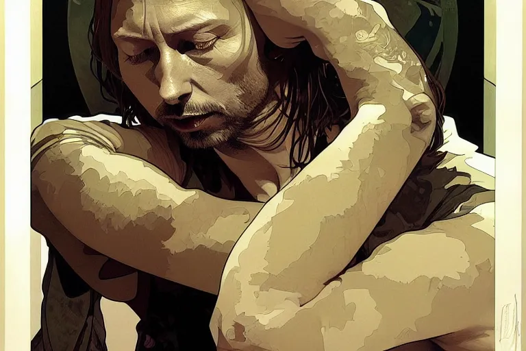 Image similar to hyper realistic portrait of thom yorke singer songwriter, side, liminal space, by lee bermejo, alphonse mucha and greg rutkowski