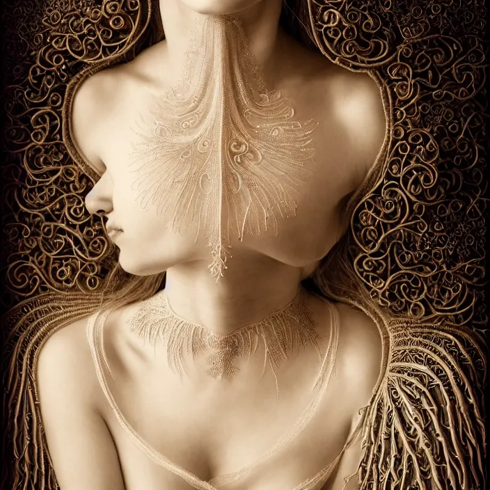 Prompt: Portrait of a beautiful woman like a queen-vegetables-angel, dressed in long elegant intricate ornamental vegetables white dress, natural skin tone, intricate fractal highly detailed vegetables ornament in the upper side of breast, bust with a very long neck , elegant, highly detailed intricate vegetables ornament in her long hair, Realistic, Refined, Highly Detailed, Cinematic pastel Lighting, fine art photography by Flora Borsi, volumetric lighting, hyper realistic photography, 8k