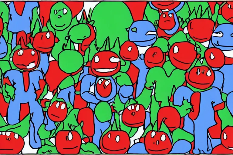 Image similar to red on green blue black simple colors white background simple ms paint doodle of group portrait of grey goblins looking funny looking smug