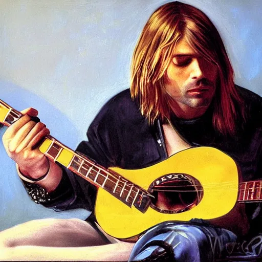 Prompt: Kurt Cobain playing guitar by Mario Testino, oil painting by by Caravaggio