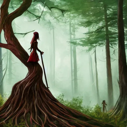 Prompt: painting of the silhouette of two elven warriors in the distance, standing on a big tree root in a deep giant forest, by kev walker, acrylic washes and colored pencils, brilliantly colored painting, fantasy, trending on artstation, intricate, 8 k