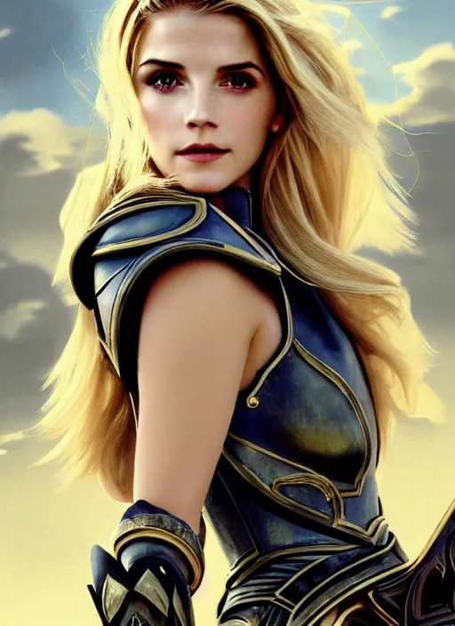 Image similar to portrait of a combination of Ashley Greene, Katheryn Winnick, Victoria Justice and Adriana Dxim, Grace Kelly, Emma Watson and Lily Collins with blonde hair wearing Paladin Armor from World of Warcraft, countryside, calm, fantasy character portrait, dynamic pose, above view, sunny day, thunder clouds in the sky, artwork by Jeremy Lipkin and Giuseppe Dangelico Pino and Michael Garmash and Rob Rey and Greg Manchess and Huang Guangjian, very coherent asymmetrical artwork, sharp edges, perfect face, simple form, 100mm