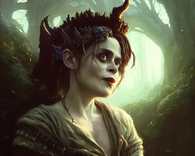 Image similar to highly detailed portrait of helena bonham carter as a fantasy goblin, in skyrim, stephen bliss, unreal engine, fantasy art by greg rutkowski, loish, rhads, ferdinand knab, makoto shinkai and lois van baarle, ilya kuvshinov, rossdraws, tom bagshaw, global illumination, radiant light, detailed and intricate environment