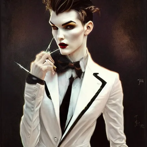 Image similar to beautiful portrait of androgynous ruby rose as desire from sandman in a white tuxedo!!!, rockabilly style,, by alphonse mucha, by jeremy mann, by peter lindbergh, dave mckean, by frank moth, by cedric peyravernay, white suit and black tie, soft lightning, high detailed, 8 k