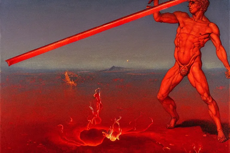 Image similar to only with red, a red melted apollo with a laurel wreath and a flaming sword announce the win, athens in the background, pathos, in the style of beksinski, part by hopper, part by rodcenko, part by hofbauer, intricate composition, red by caravaggio, insanely quality, highly detailed, masterpiece, red light, artstation, 4 k