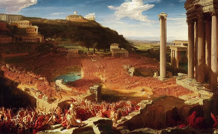 Prompt: “ the fall of rome by thomas cole, modern version, painting ”