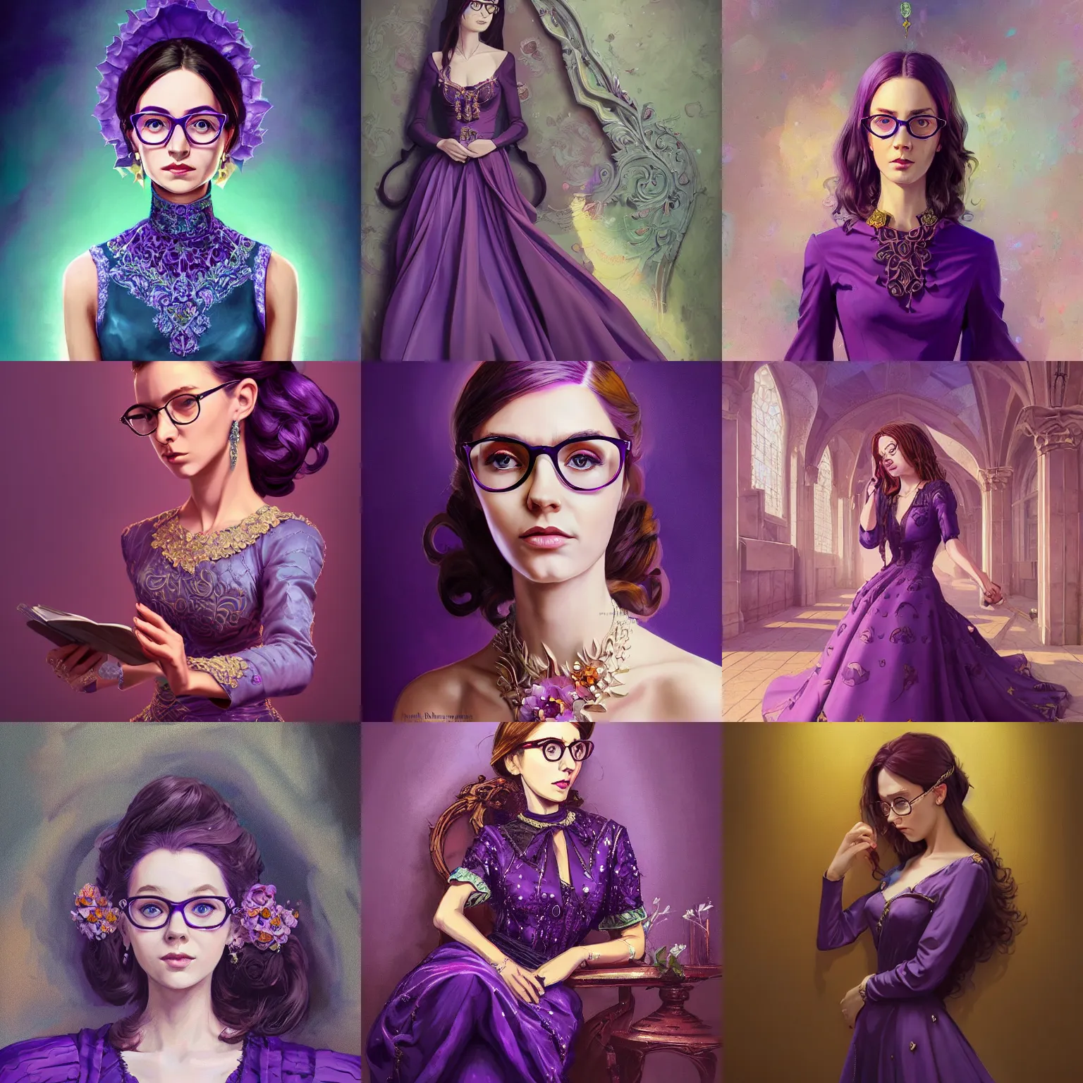 Prompt: beautiful classy lady wearing an ornate purple dress and glasses, immaculate highly detailed glossy painting, Marc Simonetti, Shinkai Makoto, Federico Pelat, Alena Aenami, CGSociety