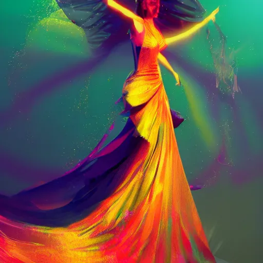 Prompt: Half-turned lady in evening gown, flying cloth simulation, vivid colors, particles, dramatic light, detailed, realistic, abstract backgound, artstation