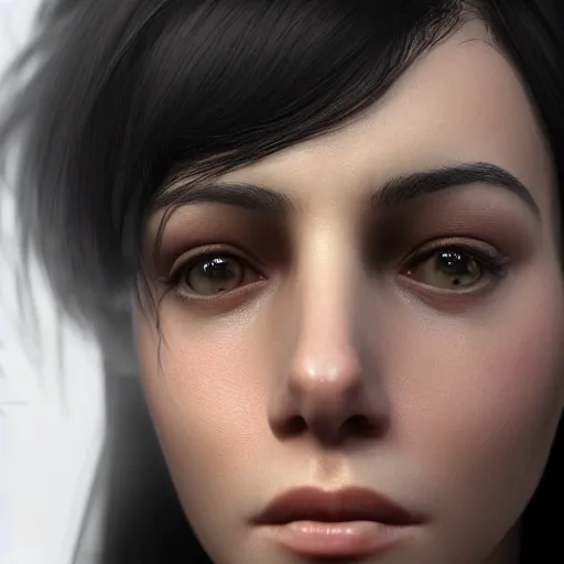 Image similar to a close up of a person with black hair, a character portrait by Eve Ryder, cgsociety, photorealism, unreal engine 5, unreal engine, prerendered graphics