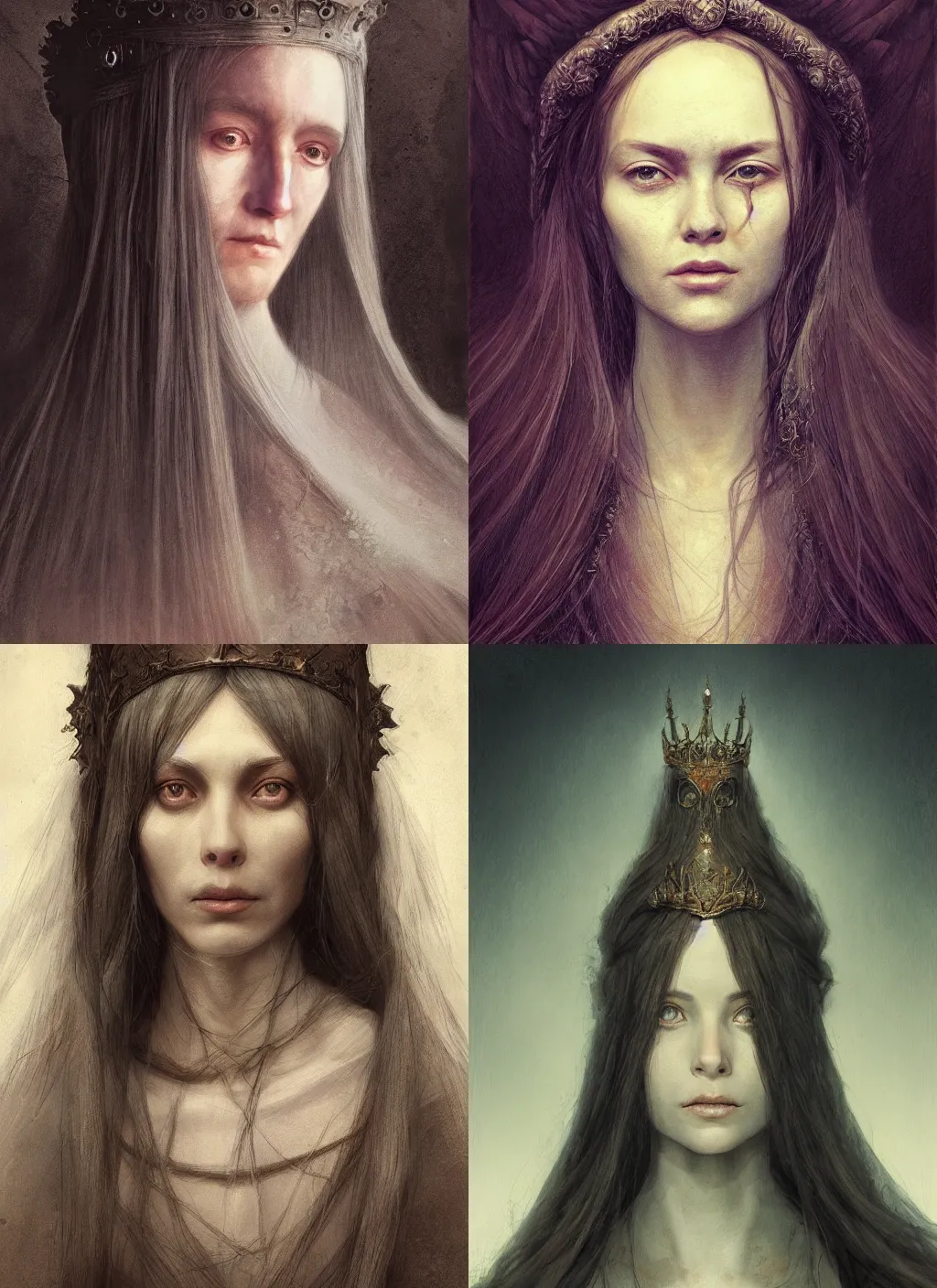 Image similar to portrait of a gentle and wise queen with long hairs in alan lee and marc simonetti and emil melmoth style , cinematic lighting