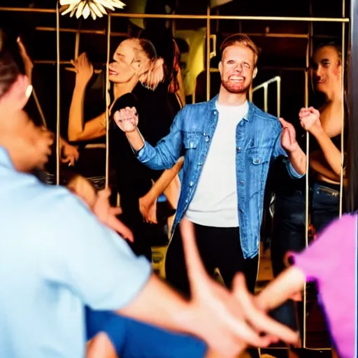 Prompt: photo of a 2 8 year old white man living thinking he's living the best life possible. he looks young for his age. he is at a dance club, it's as if he were in a music video. young woman are flocking to him and can be seen dancing around him in a seductive manner.