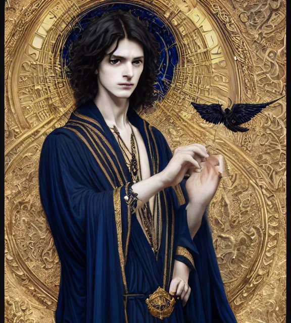 Image similar to portrait of a god of death, young male, in the underworld, elegant dark blue dress, very detailed, throne, very intricate details, jewelry, gold eyeshadow, elaborate long black hairstyle, wings, cinematic, artstation, william bouguereau, alphonse mucha, greg rutkowski, rossdraws, octane render