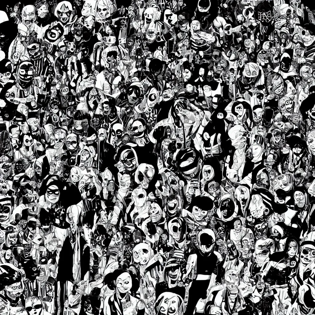 Prompt: faceless human figures, kazuo umezu artwork, jet set radio artwork, stripes, tense, space, cel - shaded art style, burqa, ominous, minimal, cybernetic, cowl, dots, stipples, lines, hashing, thumbprint, dark, eerie, motherboards, crosswalks, guts, folds, tearing