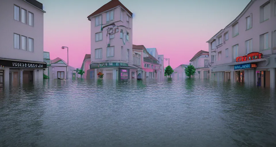 Image similar to 80s vaporwave outrun 3d Render of a german town being flooded, liminal space retro, grainy, noisy