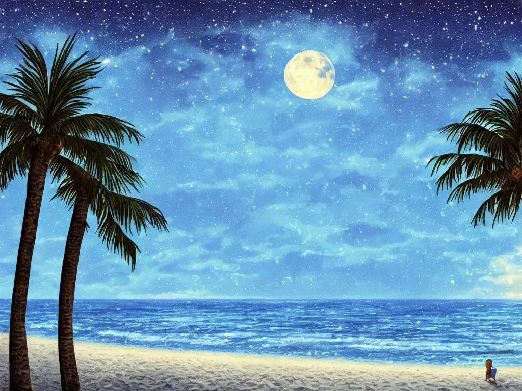 Prompt: night on a summer miami city beach, palm trees, footprints in the sand, full moon reflected in the calm ocean, starry sky 8 k, ultra detailed, trending on artstation, digital painting