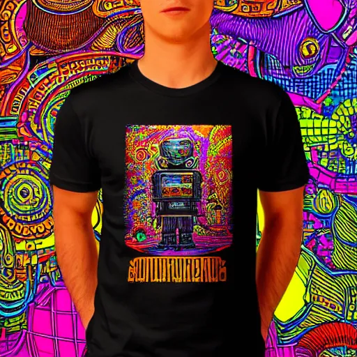 Prompt: a black tshirt with a hyperdetailed portrait of a meditating steampunk robot by robert crumb, 8 k, symetrical, flourescent colors, happy trippy mood, multicolored,