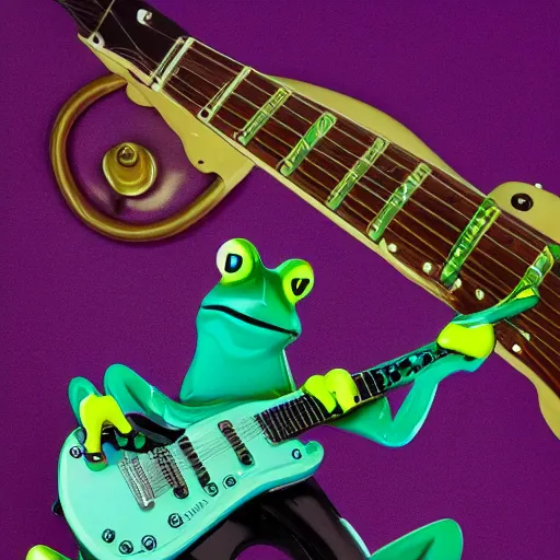 Prompt: a plastic frog playing an electric guitar, album cover, high detail, expensive camera