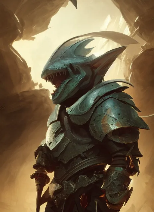 Image similar to shark knight helmet, fantasy, d & d, heartstone, digital painting, volumetric light, intricate, sharp, focus, bloom, illustration, highly detailed, concept art, matte, ruan jia, randy vargas, greg rutkowski