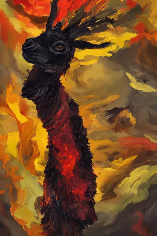 Image similar to Llama anthro portrait fire black red yellow orange llama portrait impasto oil painted daubed smoke flame fire army hellfire anton fadeev dug stanat simon stalenhag anato finnstark lucian freud nicola samori Frank Auerbach, llama, daily deviation