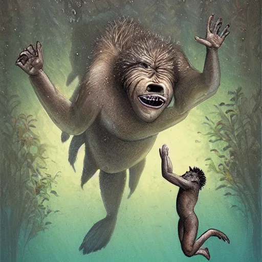 Image similar to Marc Simonette, bigfoots pulling a child underwater, trees, ultra detailed