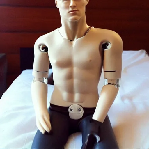 Prompt: “ a realistic detailed photo of a guy who is an attractive humanoid who is half robot and half humanoid, who is a male android, football player christian mccaffrey, shiny skin, posing like a statue, blank stare, on the bed, on display ”