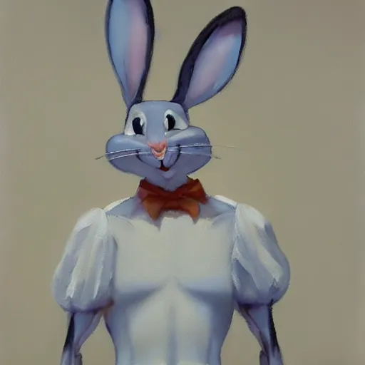 Image similar to a beautiful, soulful oil painting of bugs bunny by craig mullins ; anatomically correct