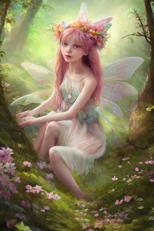 Image similar to a cute and geogerous fairy in the dreamy forest, fantasy, dreamlike, 8 k resolution, hyper detailed, d & d, character design, digital painting, trending on artstation, sharp focus, illustration, art by viktoria gavrilenko, hoang lap, fuji choko, steve zheng,