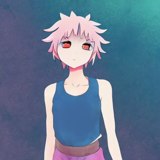 Prompt: anime woman with short pink hair in a bob style, light brown eyes, blue tank top, black pants, waving and smiling, anime art style like princess Mononoke