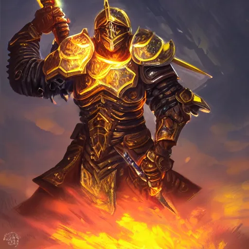 Image similar to A highly detailed matte acrylic painting of a heavily armored paladin wielding a very bright glowing gold sword, fighting in a huge battle at dusk, concept art, trending on artstation.