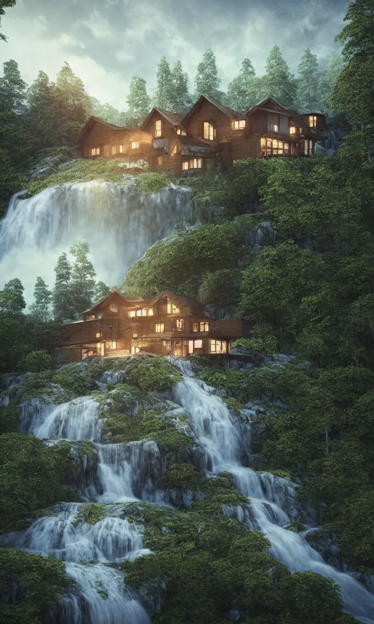 Image similar to beautiful large scandinavian house in the forest on a hill, a large waterfall flows down from the mountain in the background, octane render, fabulous, hyper detailed, random cinematic view, no noise, global illumination, warm lighting, volumetric, godrays, vivid, by jordan grimmer