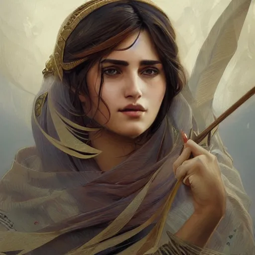 Image similar to portrait of the most beautiful kurdish woman, highly detailed, digital painting, artstation, concept art, sharp focus, illustration, art by artgerm and greg rutkowski and alphonse mucha, incredibly beautiful and symmetrical face, incredibly detailed, award winning art