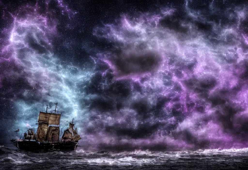 Image similar to purple color lighting storm with stormy sea, pirate ship firing its cannons real life trippy nebula sky 50mm shot