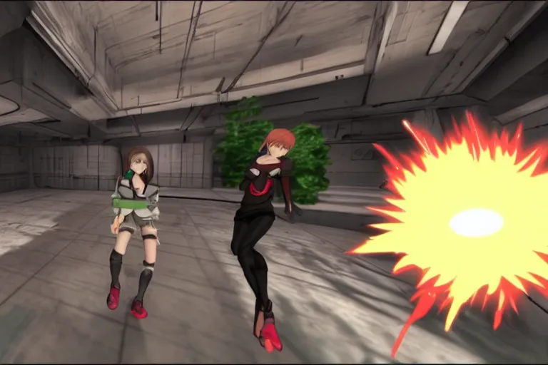 Prompt: an anime girl in a screenshot of the video game doom, the anime girl is running away