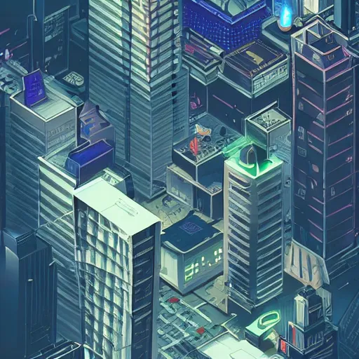 Prompt: A cyberpunk like city in isometric style, at night, deviantart, trending on artstation