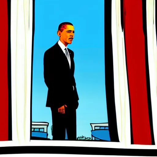 Image similar to Obama looking out the window of the White House, pop art, magazine style, realistic, award winning