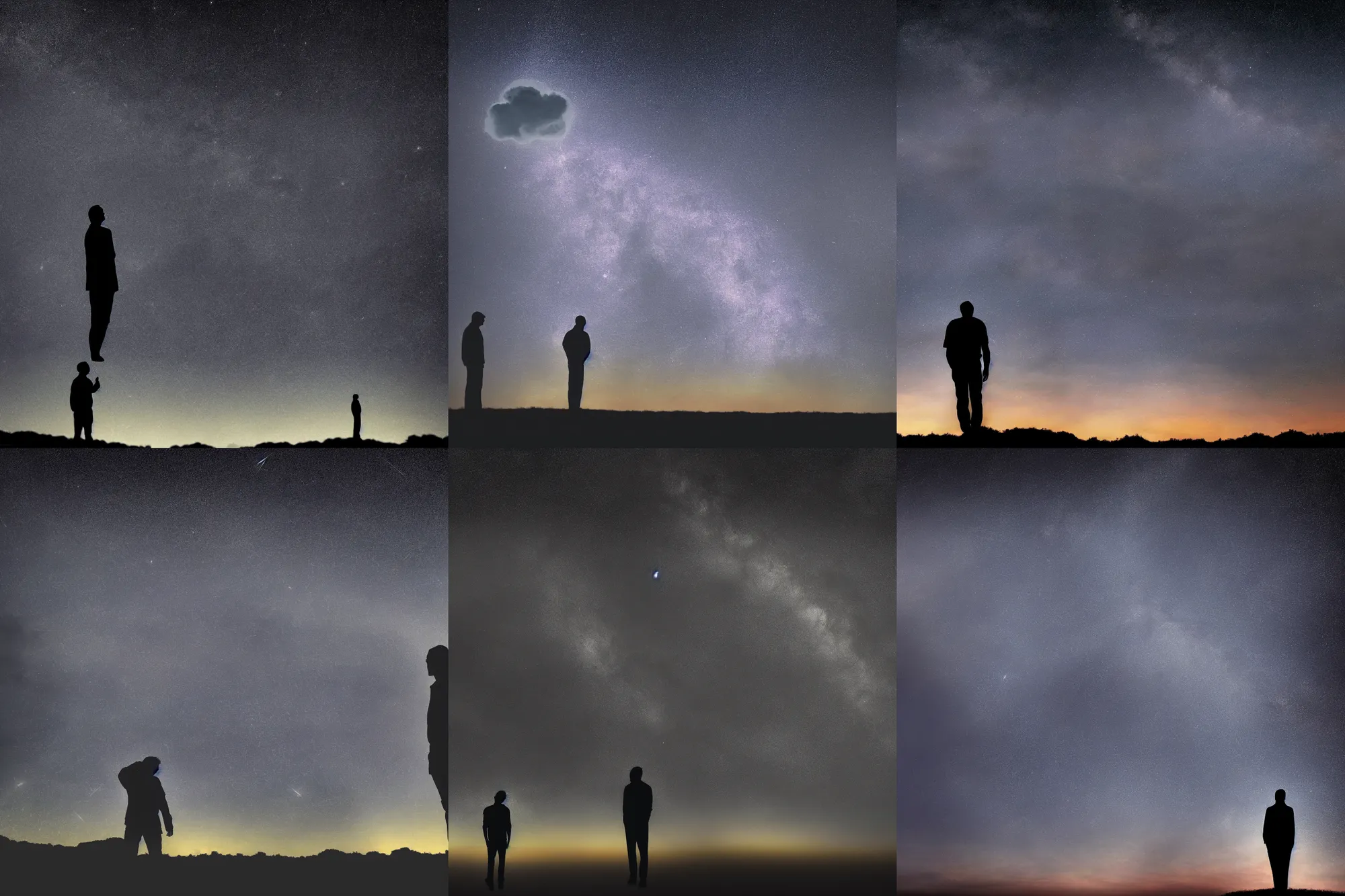 Prompt: silhouette of a man staring at the distant dark starry sky with a cloud shaped like a flower, 4 k, beautiful digital art