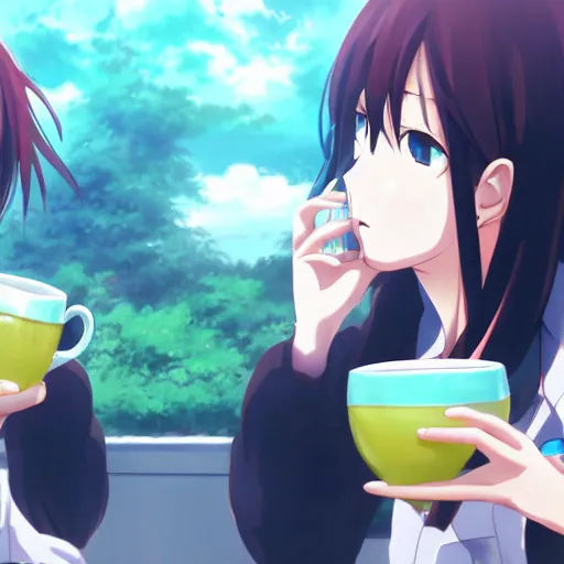 Image similar to Anime art of Makise Kurisu and Hatsune Miku drinking tea together, anime, zerochan, scenery by Makoto Shinkai, 4k