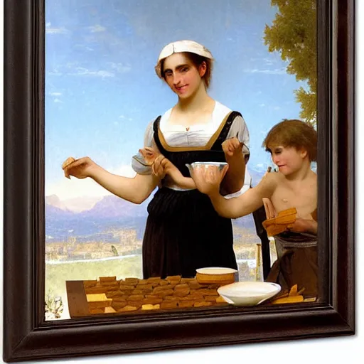 Prompt: american eating waffles with coffee, by bouguereau