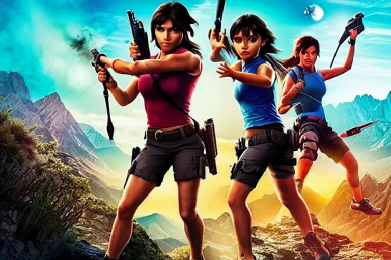 Image similar to Dora the Explorer vs Lara Croft, film by Michael Bay