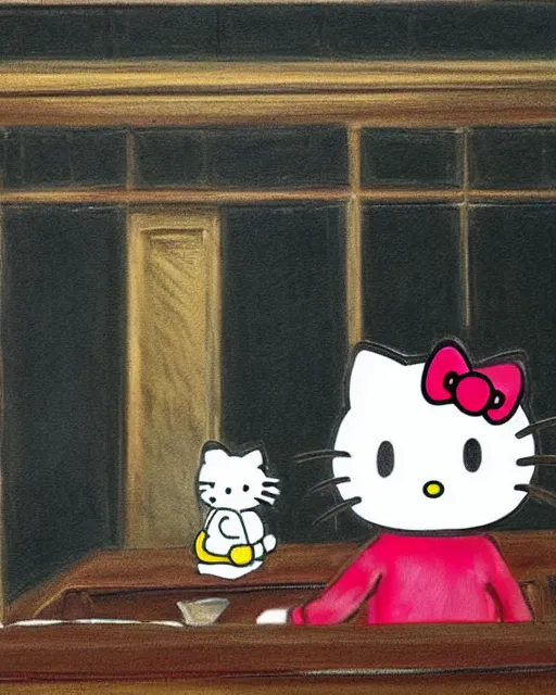 Image similar to Hello Kitty, in a courtroom, Dramatic painting