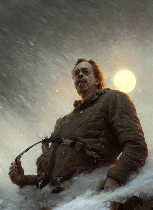 Image similar to giant steve buscemi attacking an encampment during a blizzard, highly detailed, digital illustration, artstation, concept art, matte, sharp focus, illustration, dramatic, full moon, art by artgerm and greg rutkowski and alphonse mucha