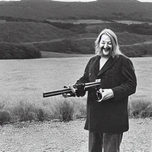 Prompt: robert wyatt laughing maniacally and shooting the view with his gun